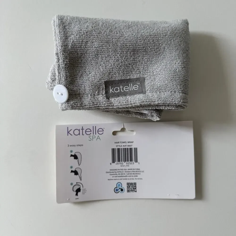 NIB Katelle Spa Hair Towel Wrap‎ Gray Microfiber Button Closure 23” x 9”
